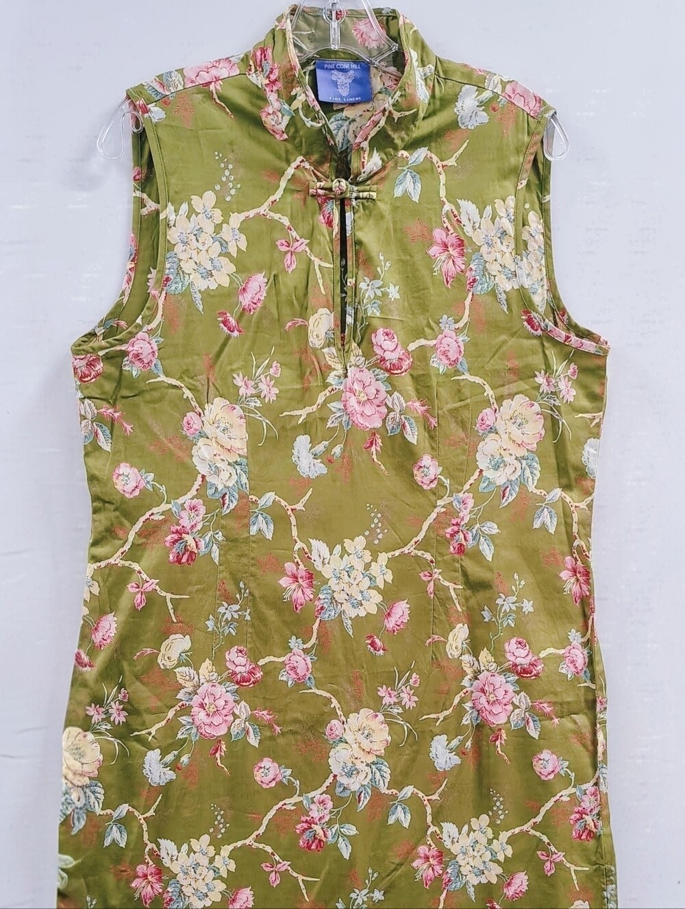 Pine Cone Hill Fine Luxury Olive Green Floral Sleeveless Cotton Midi Dress Sz M